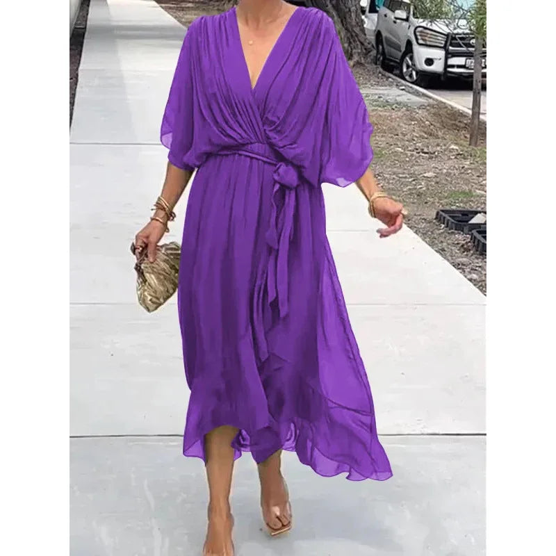 Women's Long Chiffon V-Neck Dress – Timeless Elegance