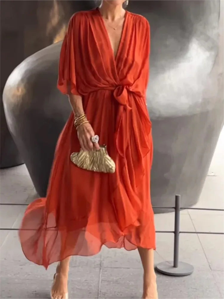 Women's Long Chiffon V-Neck Dress – Timeless Elegance