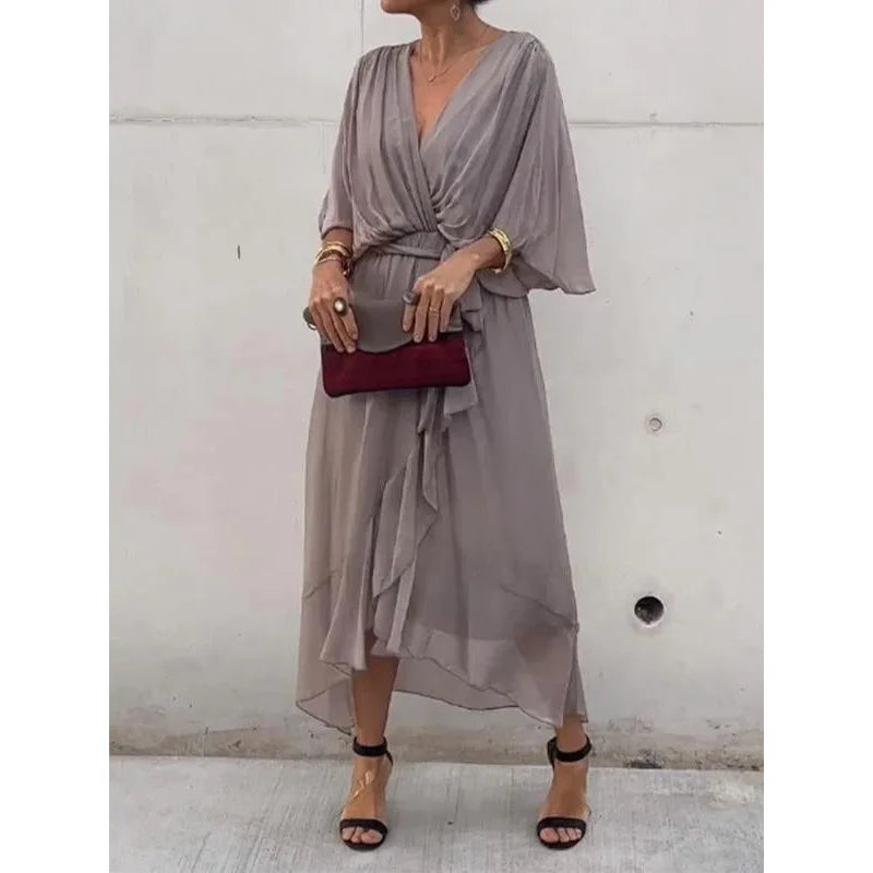 Women's Long Chiffon V-Neck Dress – Timeless Elegance