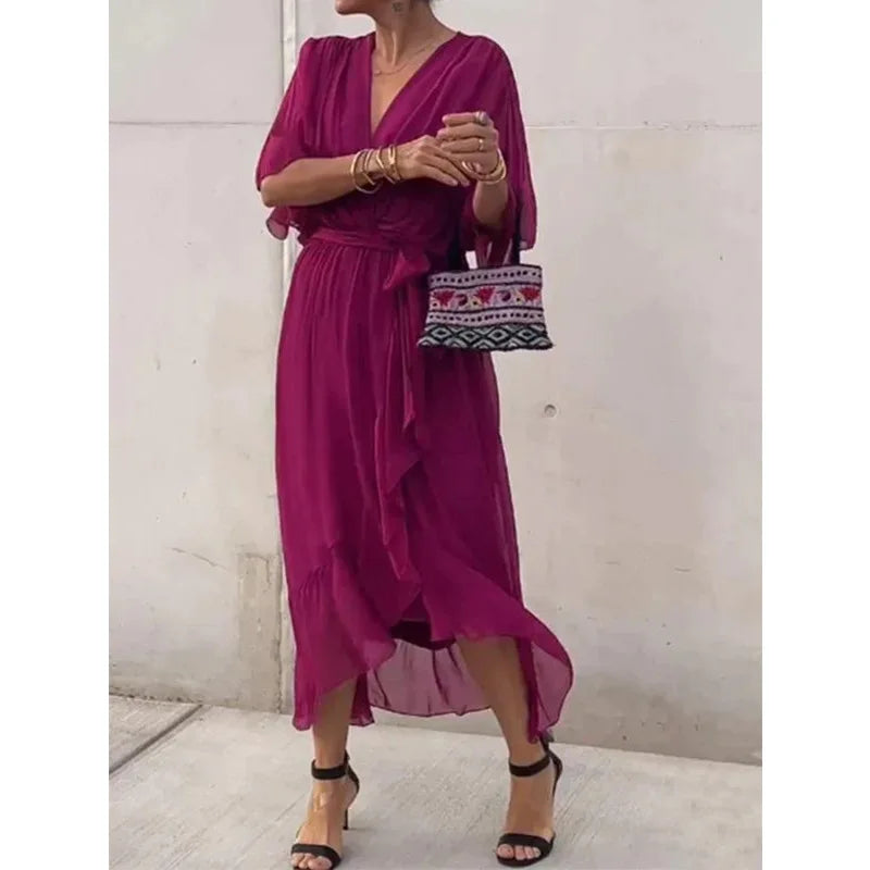 Women's Long Chiffon V-Neck Dress – Timeless Elegance