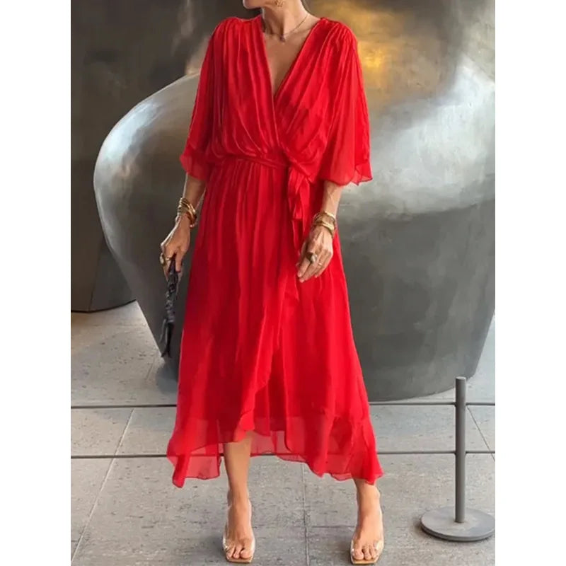 Women's Long Chiffon V-Neck Dress – Timeless Elegance