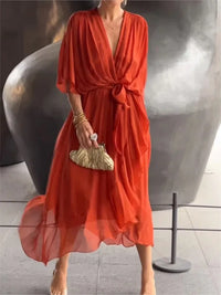 Women's Long Chiffon V-Neck Dress – Timeless Elegance - Red Coral / S